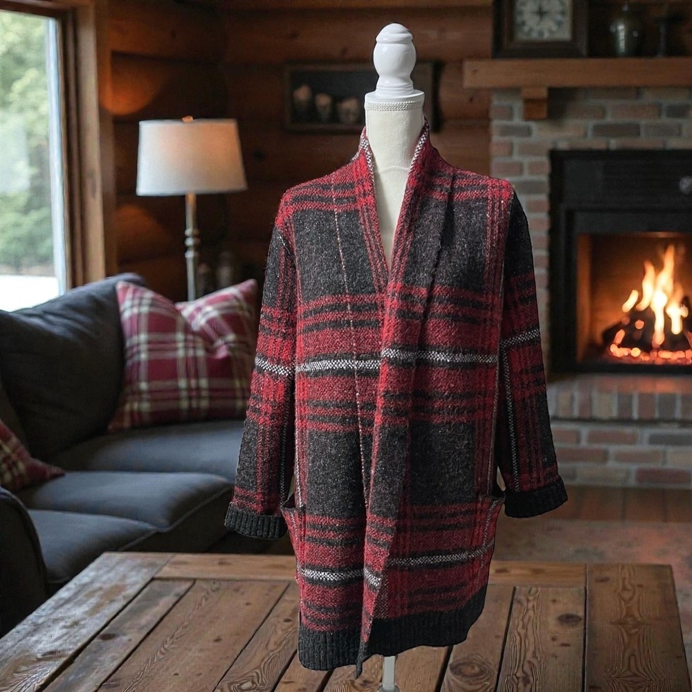 N‎ TOUCH Plaid Long Cardigan Sweater Red Gray Women's Size L